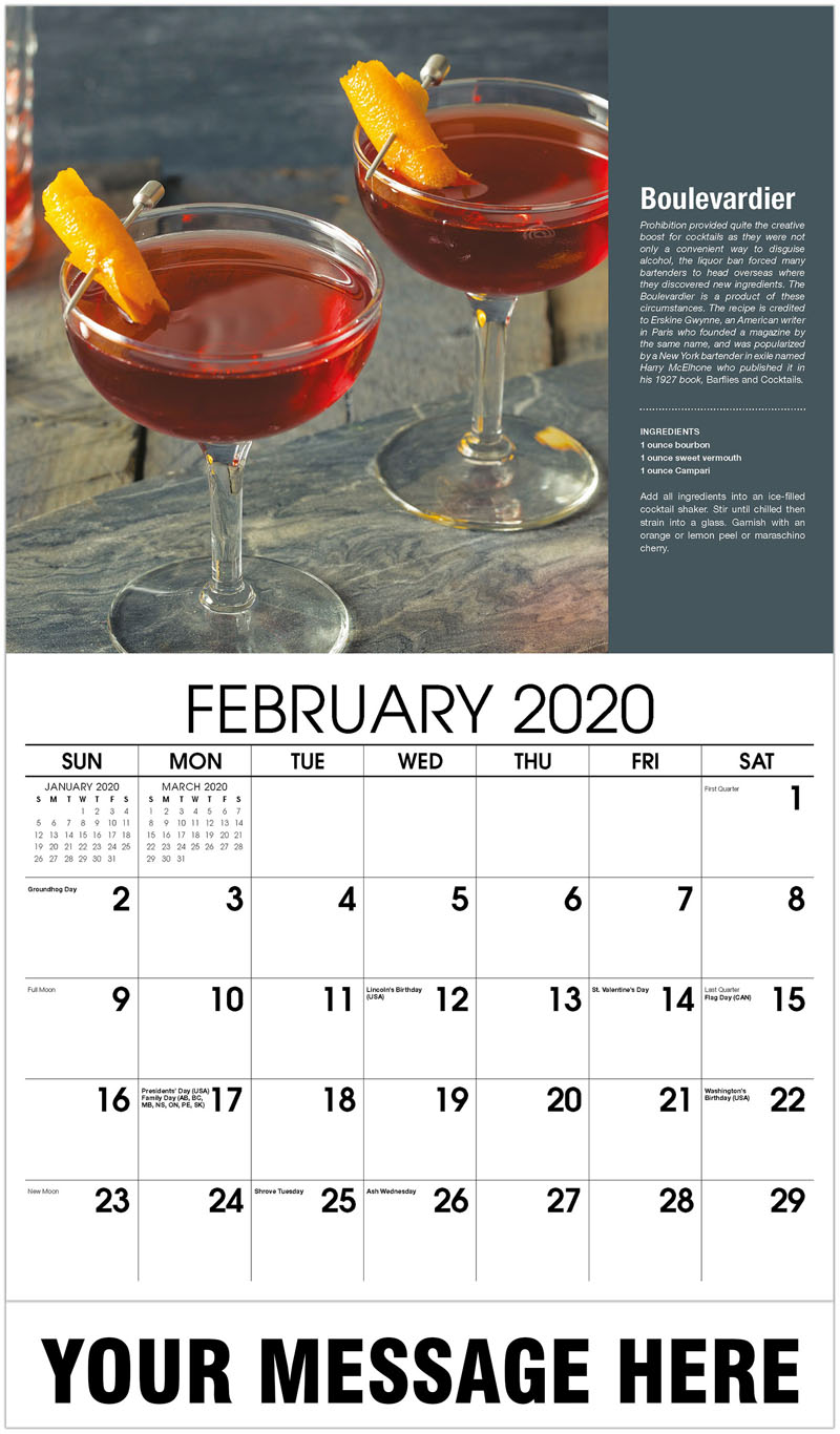 2020 Business Promo Calendar Happy Hour Cocktails and Bar Drinks